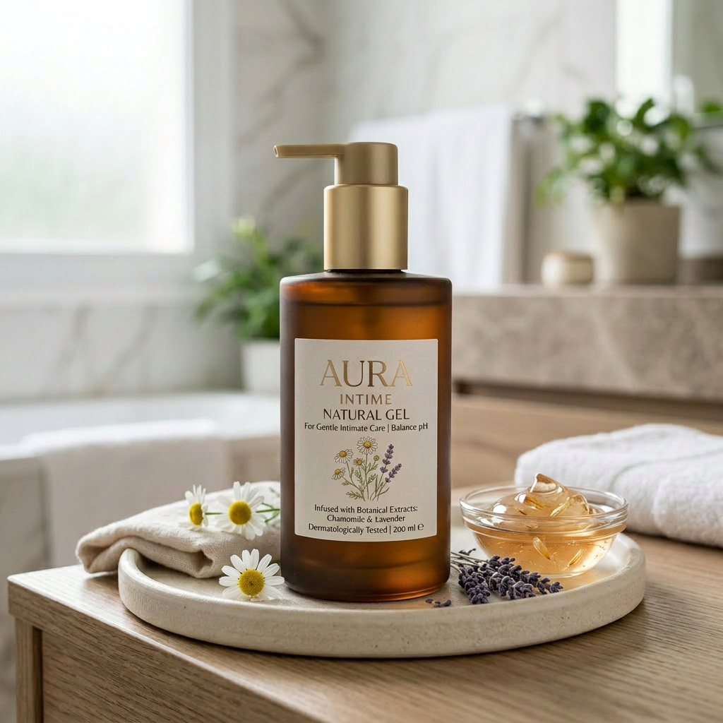 Amber bottle of Aura Intime Natural Gel with chamomile and lavender on tray with flowers and gel